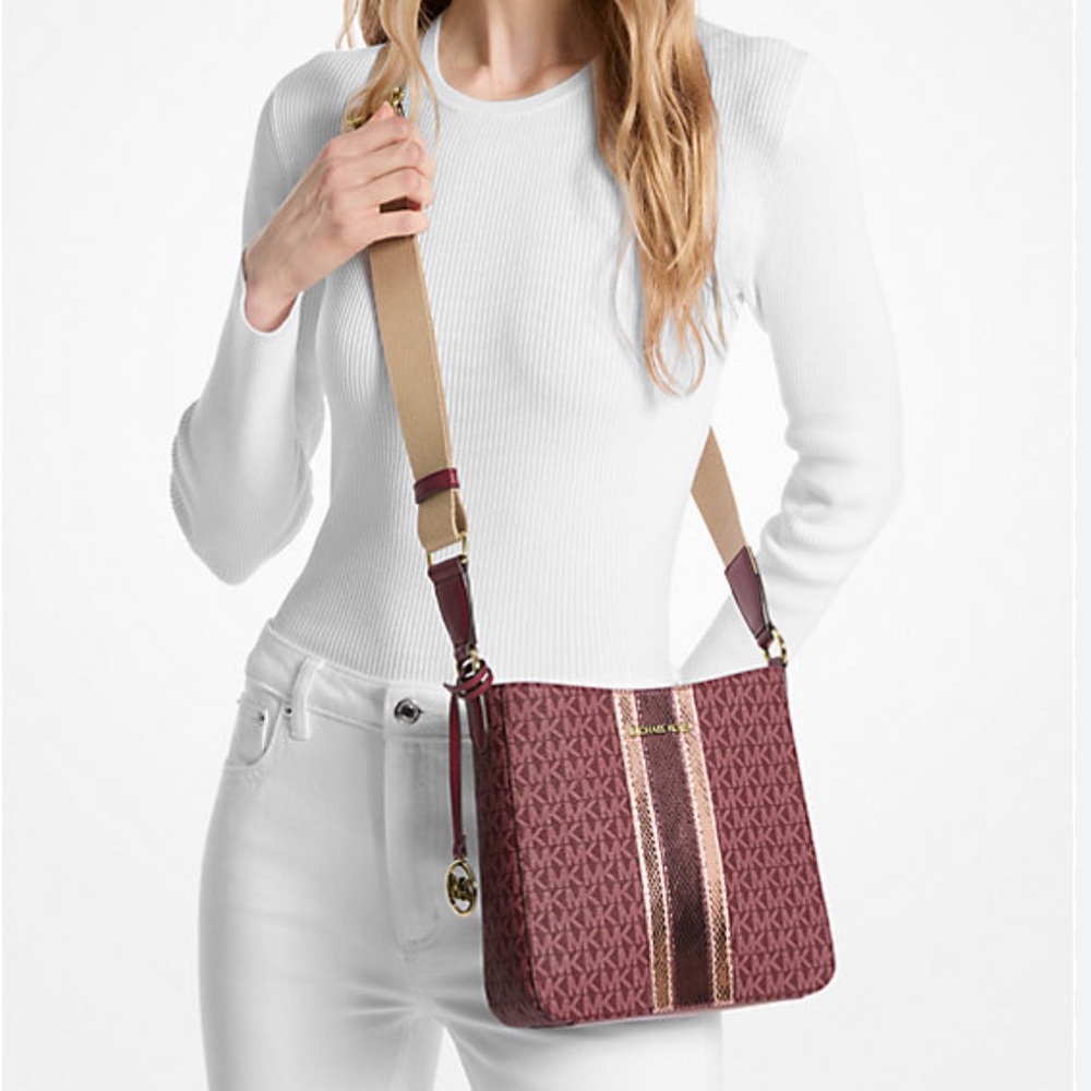 Michael Kors Burgundy and Beige Signature Crossbody Bag NWOT - Picture 2 of 16